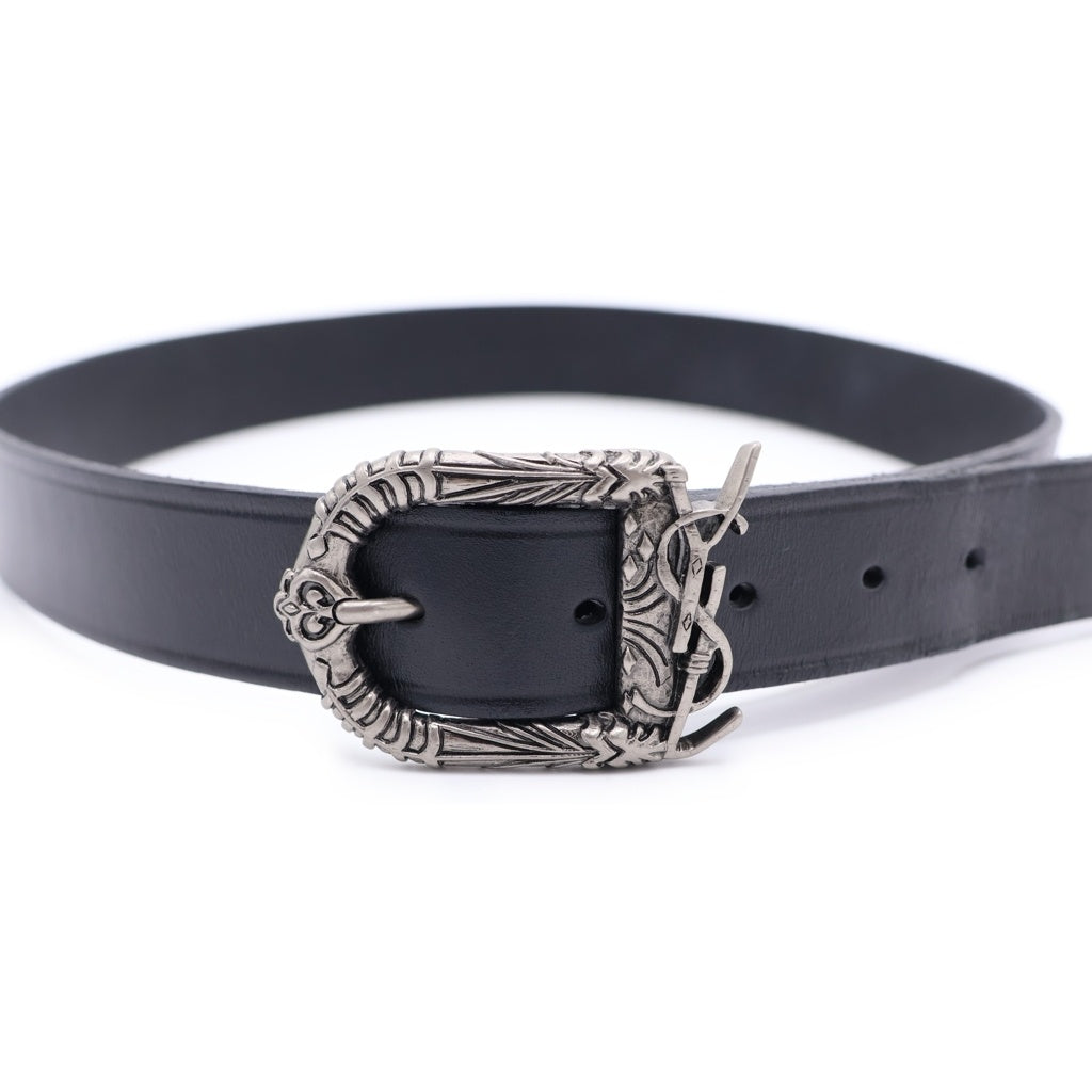SAINT LAURENT PARIS(サンローランパリ) ロゴバッグル ウエスタンレザーベルト ブラック/シルバー レディース