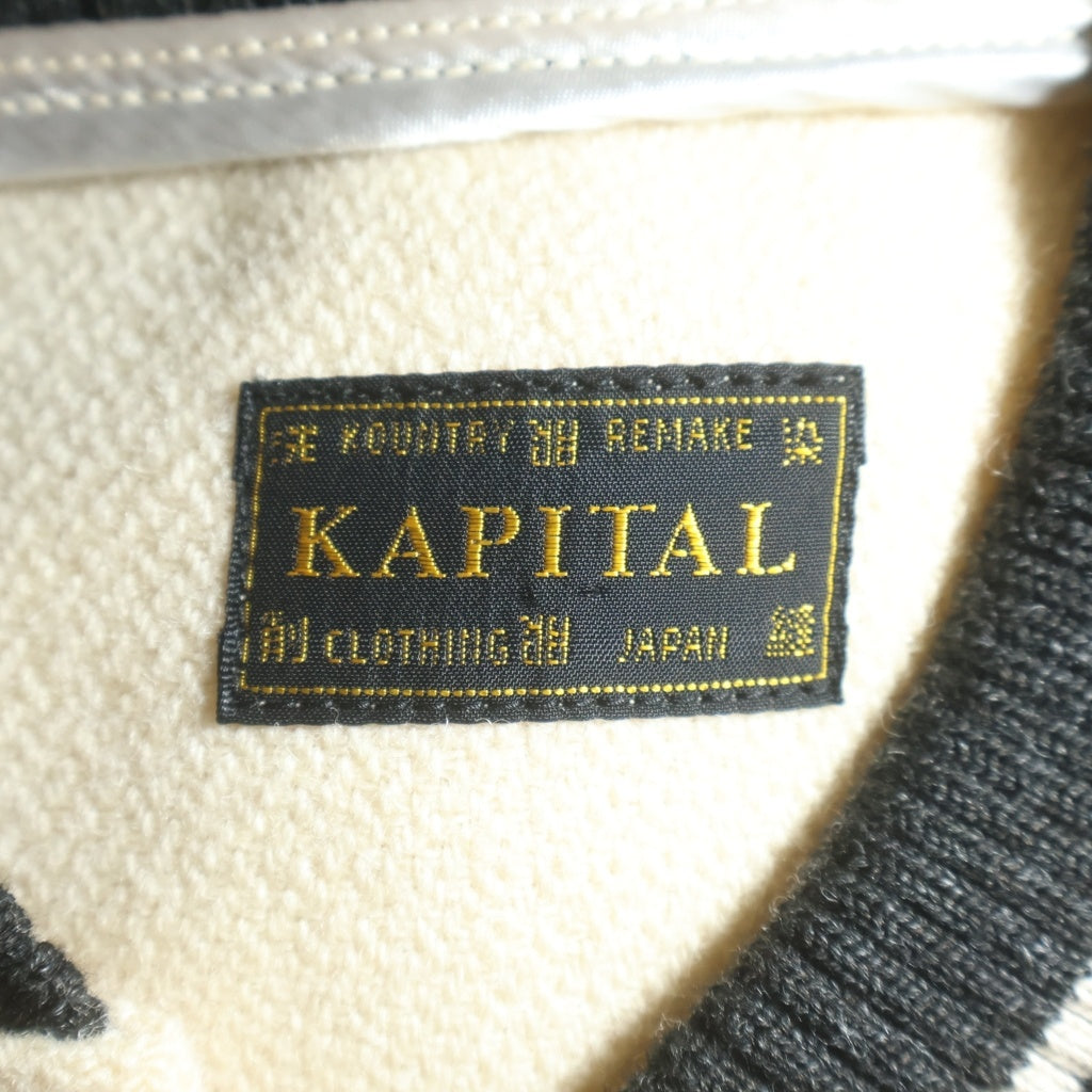 KAPITAL(キャピタル) I-Five Varsity wool bomber jacket with leather sleeves 袖レザー切替 ヴァーシティ ウール ボンバージャケット スタジャン アイボリー/ブラック
