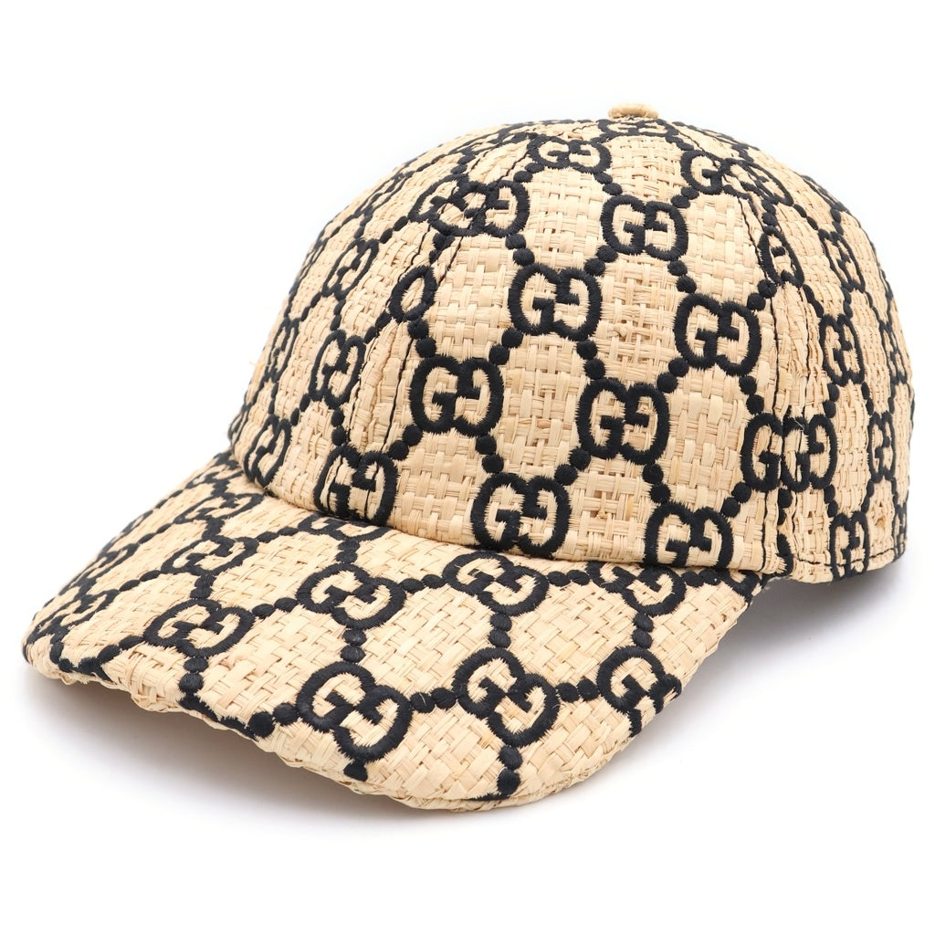 GUCCI(グッチ) GG ラフィア ベースボールキャップ ストローキャップ 帽子 アイボリー/ブラック 577900 レディース