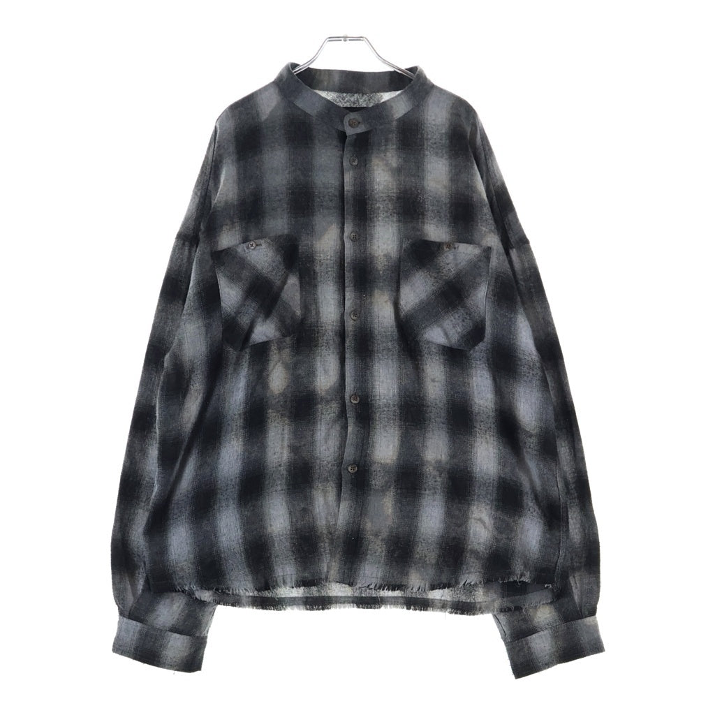 BLESS(ブレス) 25AW COLLAR LESS SHIRT / RED スタンドカラー ネルシャツ カットオフ ブリーチ加工 オンブレチェック グレー BR25AW-S2002