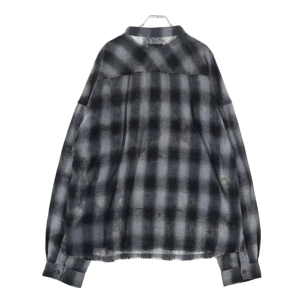 BLESS(ブレス) 25AW COLLAR LESS SHIRT / RED スタンドカラー ネルシャツ カットオフ ブリーチ加工 オンブレチェック グレー BR25AW-S2002