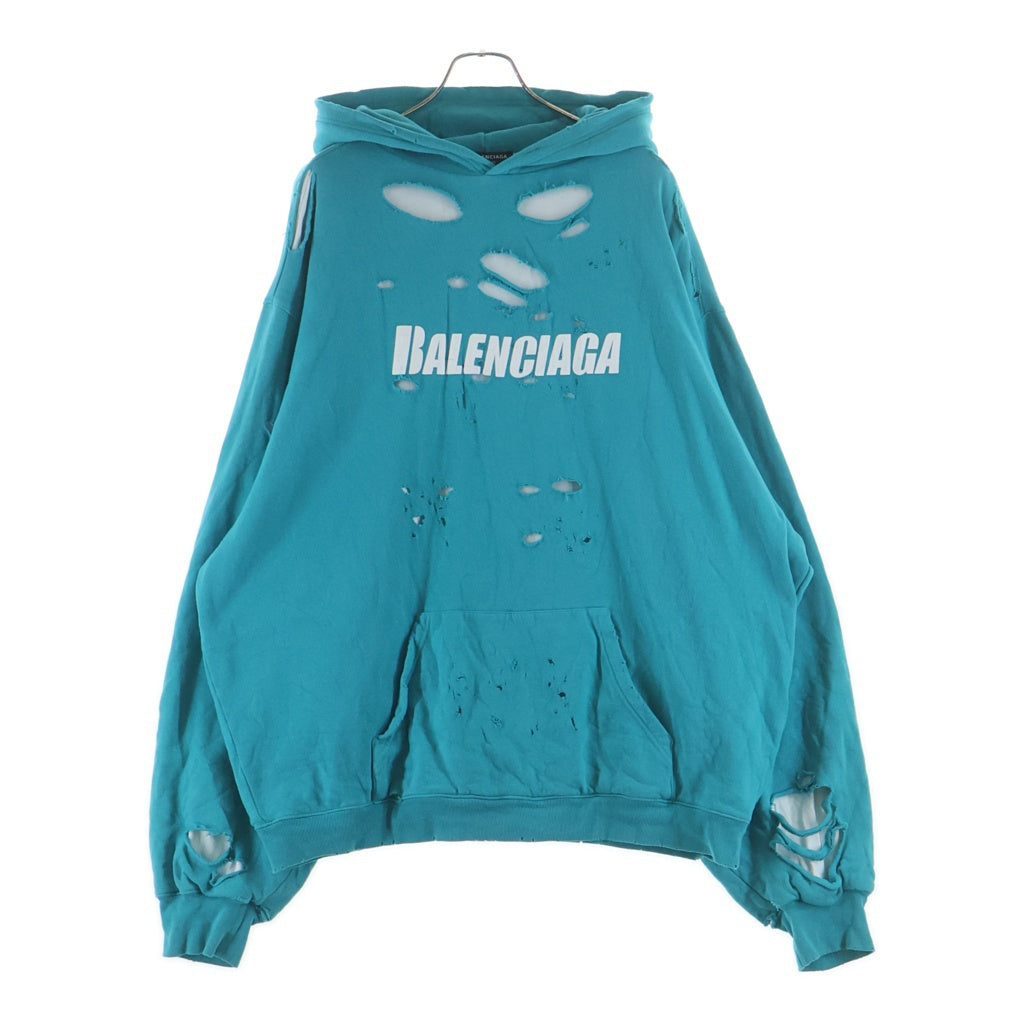 BALENCIAGA(バレンシアガ) 21SS デストロイ加工ロゴミディアムフリースプルオーバーパーカー ブルー 659403 TKVB6