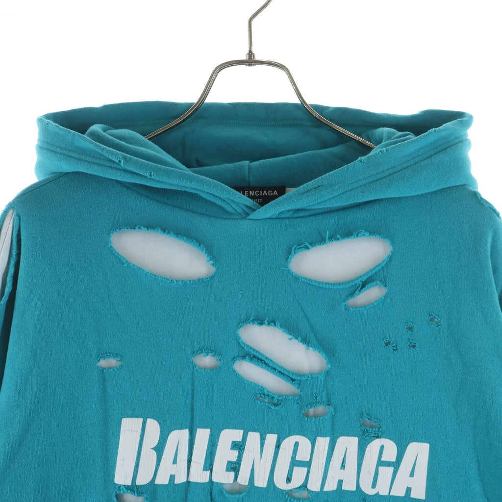 BALENCIAGA(バレンシアガ) 21SS デストロイ加工ロゴミディアムフリースプルオーバーパーカー ブルー 659403 TKVB6