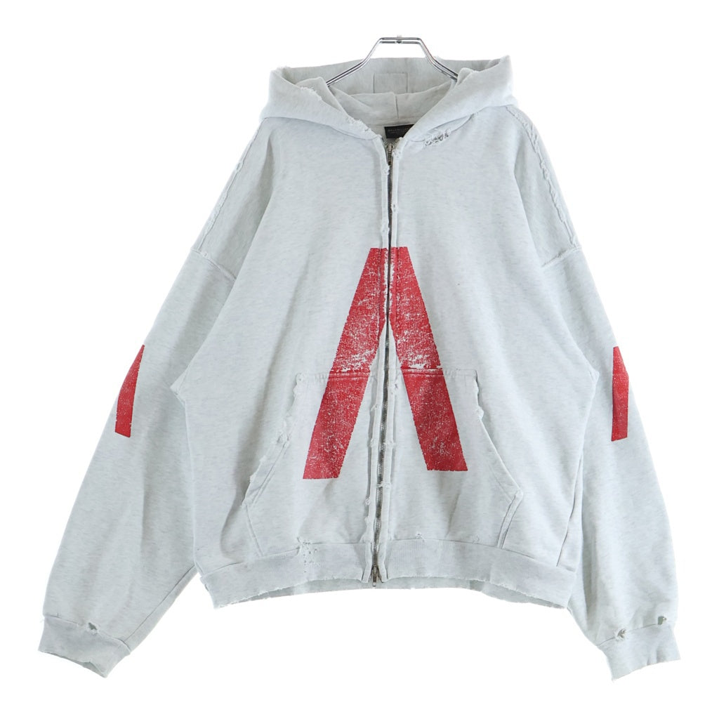 BALENCIAGA(バレンシアガ) 24SS Music Archive Series Connected Zip Up Hoodie ミュージック アーカイブロゴ ダメージ加工 ジップアップパーカー フーディー グレー 744457 TQVA6