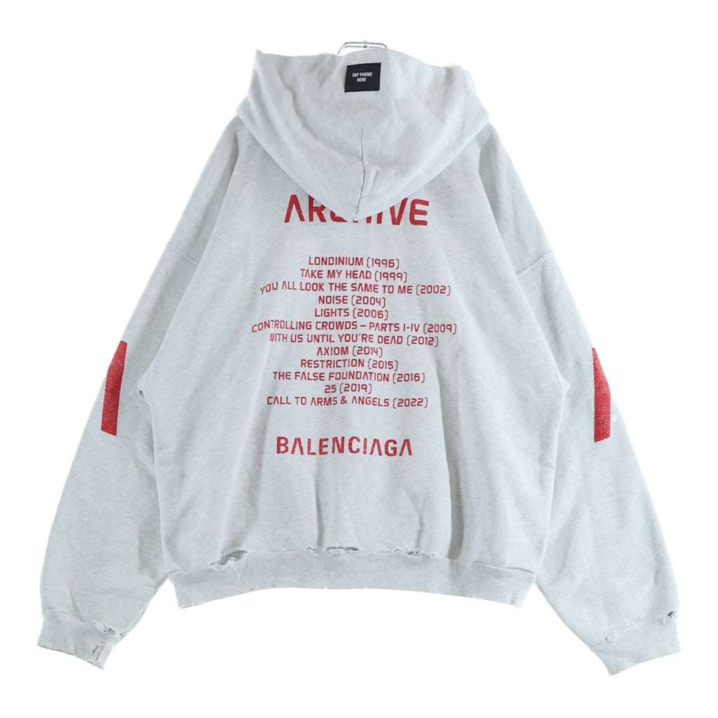 BALENCIAGA(バレンシアガ) 24SS Music Archive Series Connected Zip Up Hoodie ミュージック アーカイブロゴ ダメージ加工 ジップアップパーカー フーディー グレー 744457 TQVA6