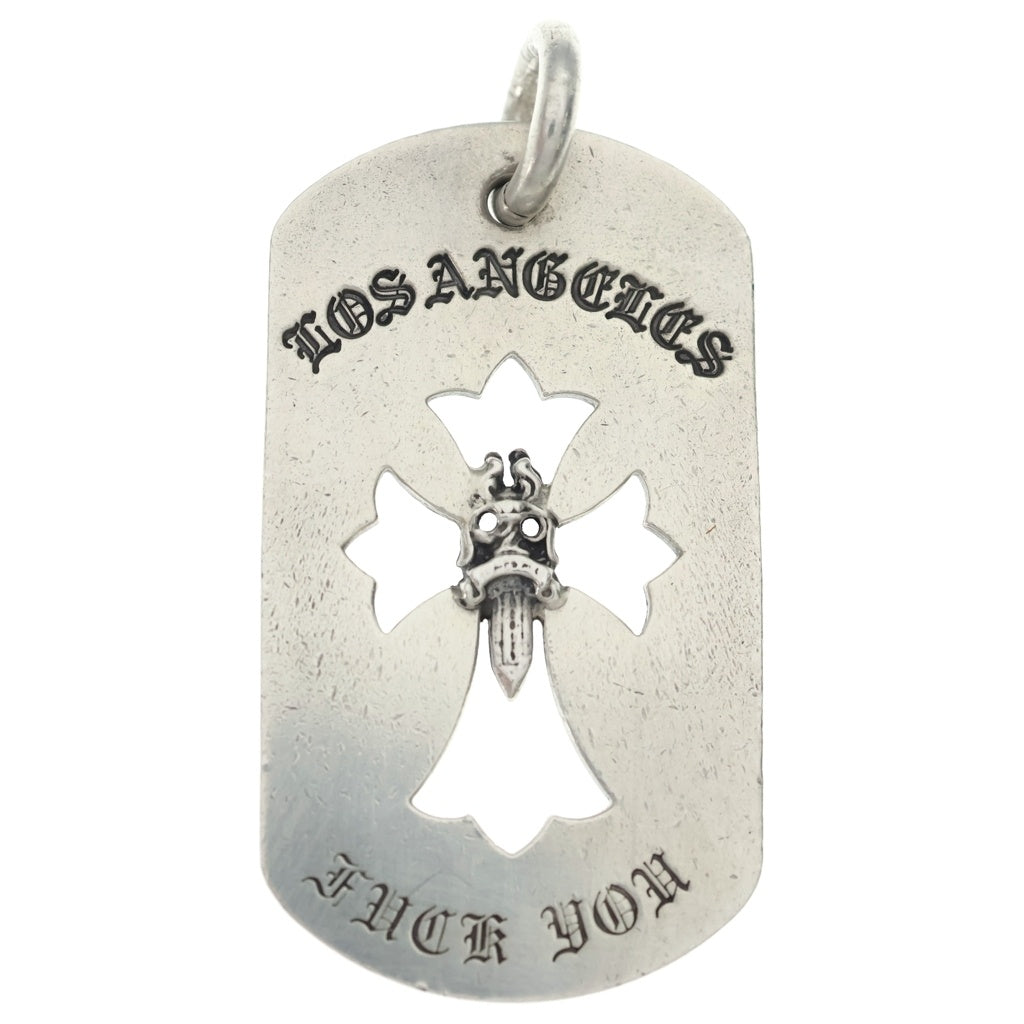 CHROME HEARTS(クロムハーツ) D TAG LRG CROSS DAGG LA FUCK YOU LA限定カットアウトクロスダガー ラージドッグタグ チャーム ペンダントトップ シルバー