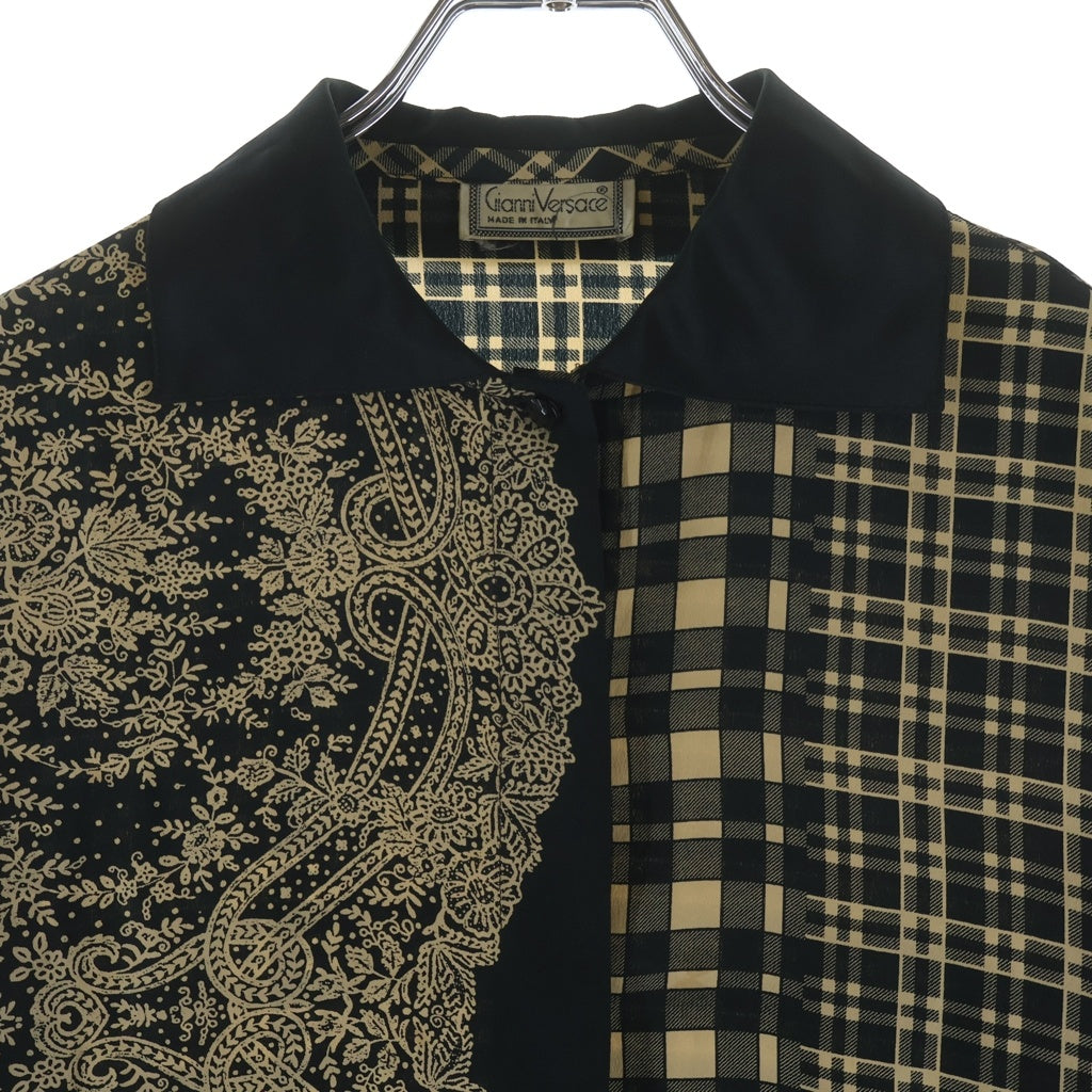 GIANNI VERSACE(ジャンニ ヴェルサーチ) 90S Paisley And Check Shilk Long Sleeve Shirt ペイズリー柄 チェック柄 切替 長袖シルクシャツ ブラック