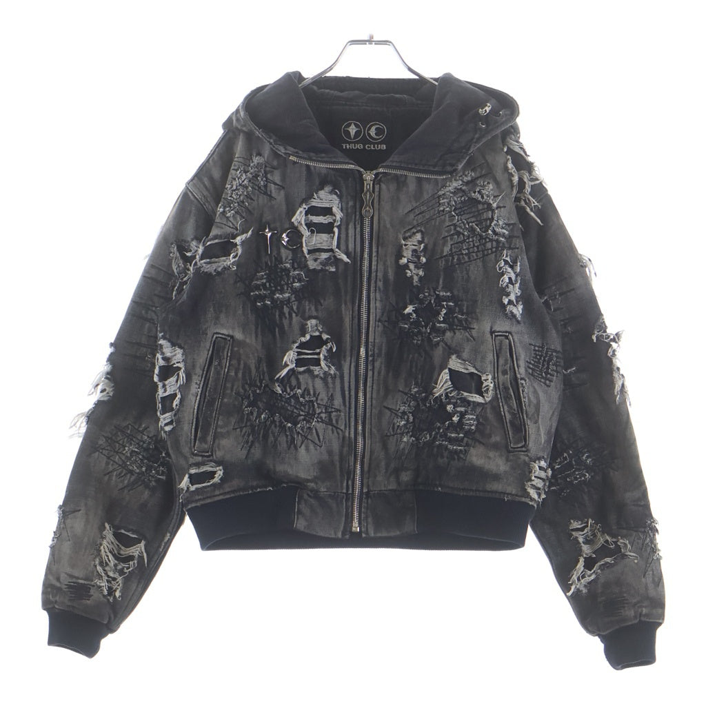 THUG CLUB(サグクラブ) 25AW Hard Washed Damaged Denim Hooded Zip-Up TC25JK3801 ハード ウォッシュド ダメージ加工 フーデッド デニムジャケット ジップアップパーカー ブラック