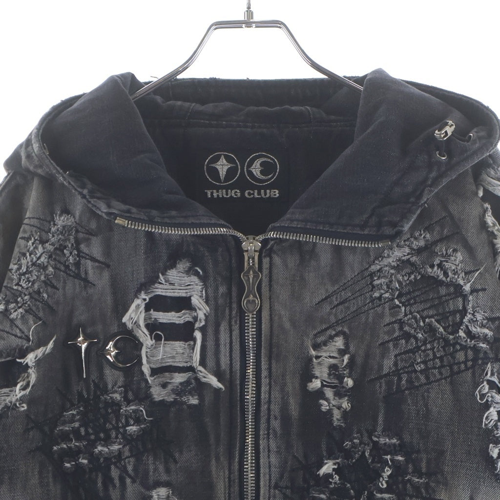 THUG CLUB(サグクラブ) 25AW Hard Washed Damaged Denim Hooded Zip-Up TC25JK3801 ハード ウォッシュド ダメージ加工 フーデッド デニムジャケット ジップアップパーカー ブラック