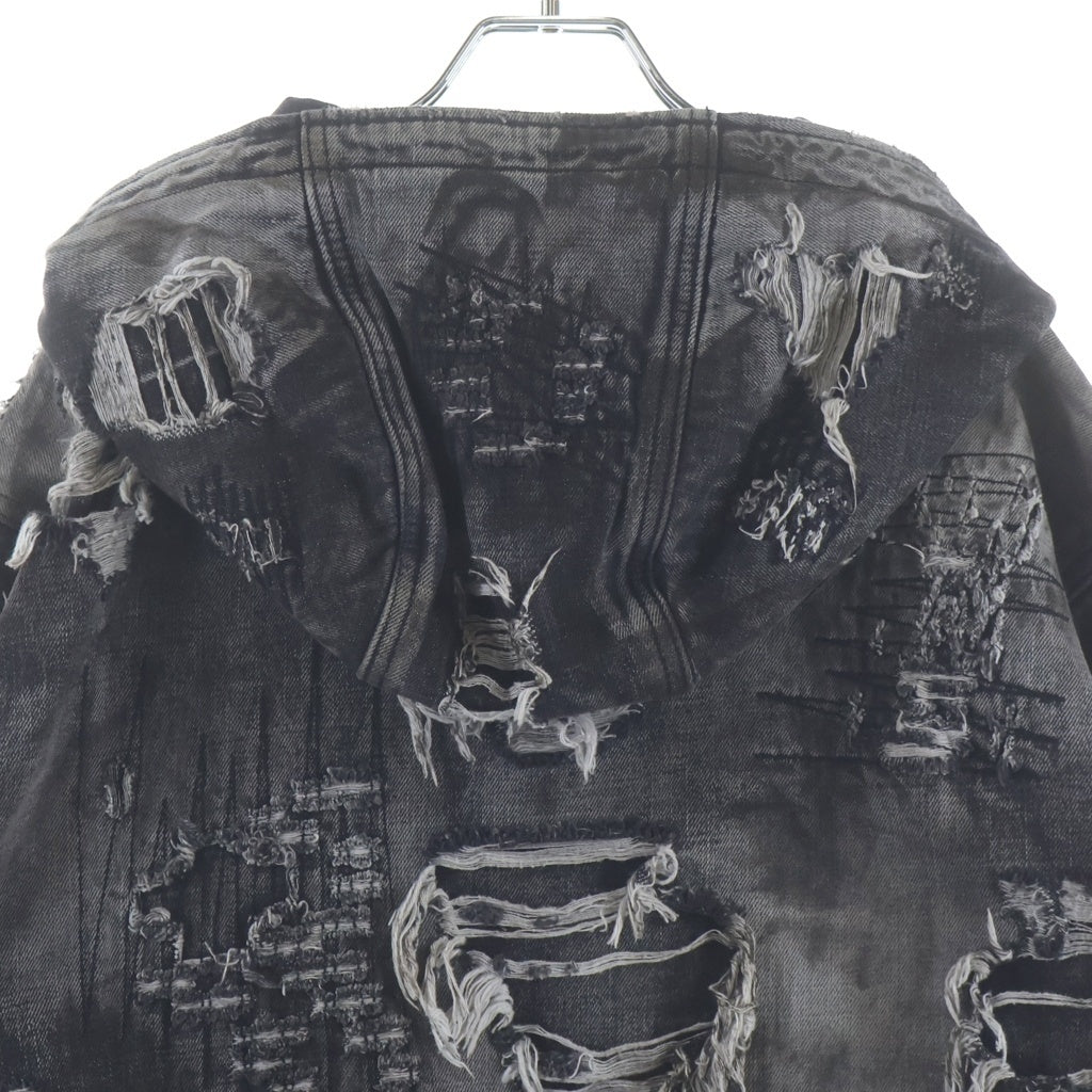THUG CLUB(サグクラブ) 25AW Hard Washed Damaged Denim Hooded Zip-Up TC25JK3801 ハード ウォッシュド ダメージ加工 フーデッド デニムジャケット ジップアップパーカー ブラック