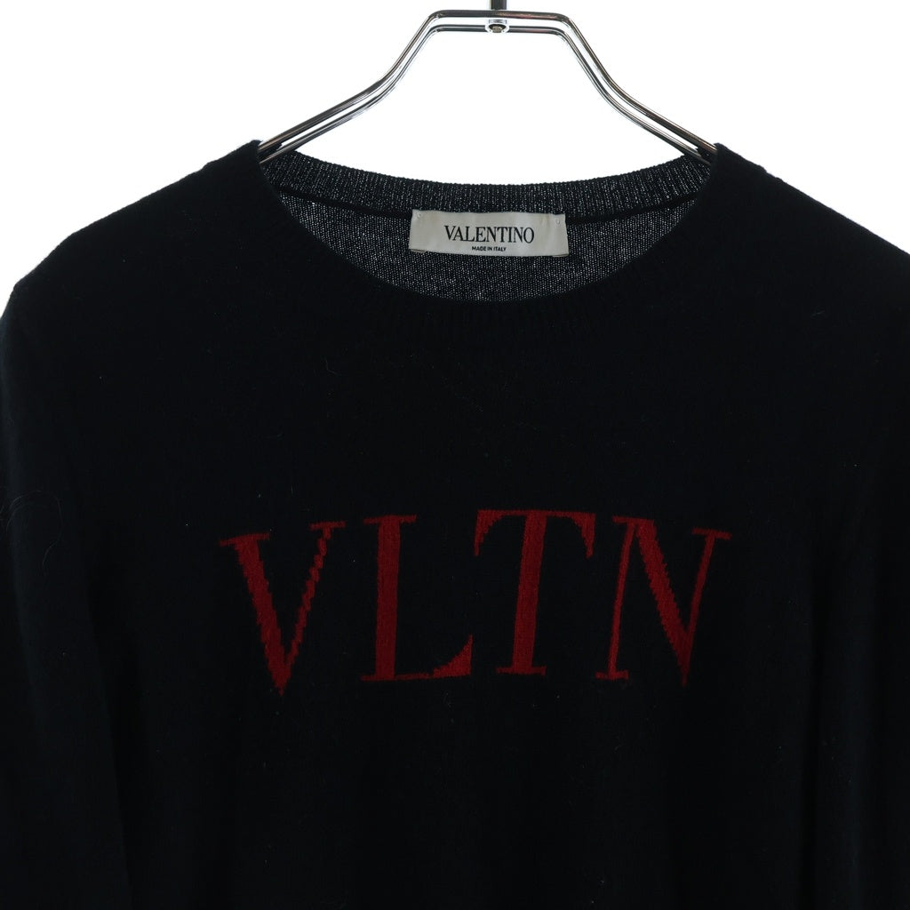 VALENTINO(ヴァレンティノ) Cashmere Wool Logo Knit Sweater フロントロゴ刺繍 クルーネック長袖ニットセーター ブラック/レッド SB3KC10546T