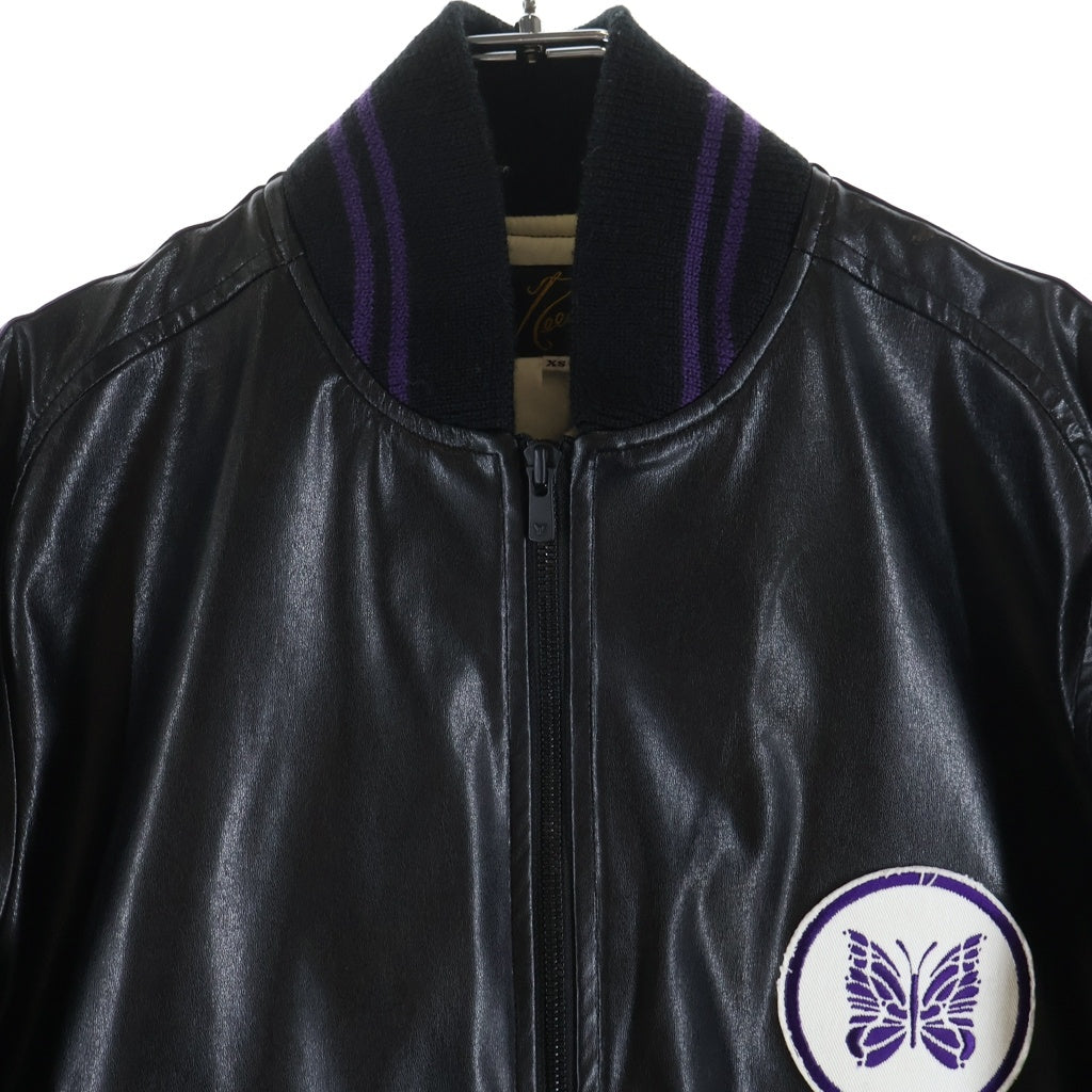 Needles(ニードルス) Award Jacket-Faux Leather HM078 アワード フロントパピヨン刺繍 フェイクレザージャケット ブルゾンジャケット ブラック