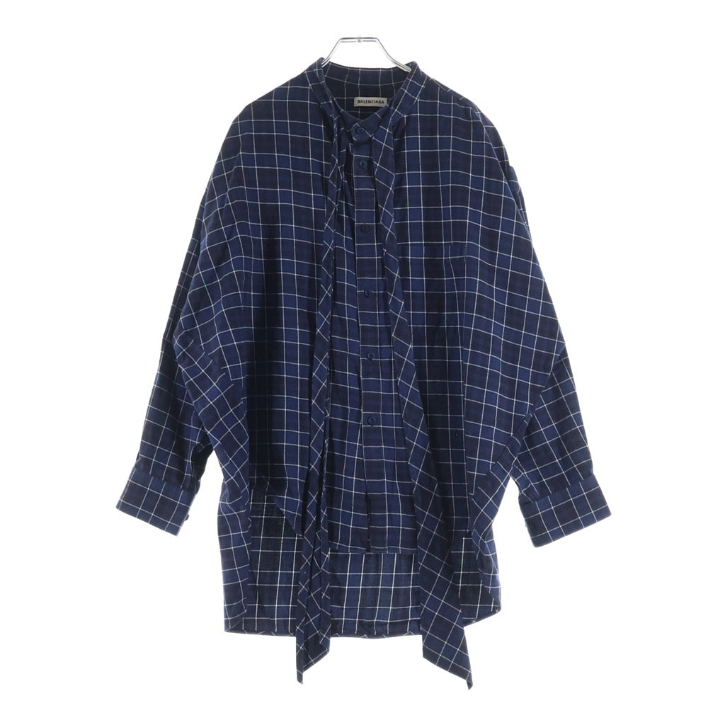 BALENCIAGA(バレンシアガ) 18AW バンドカラー フランネルシャツ コットン長袖シャツ チェック柄 ブルー520497 TBM08