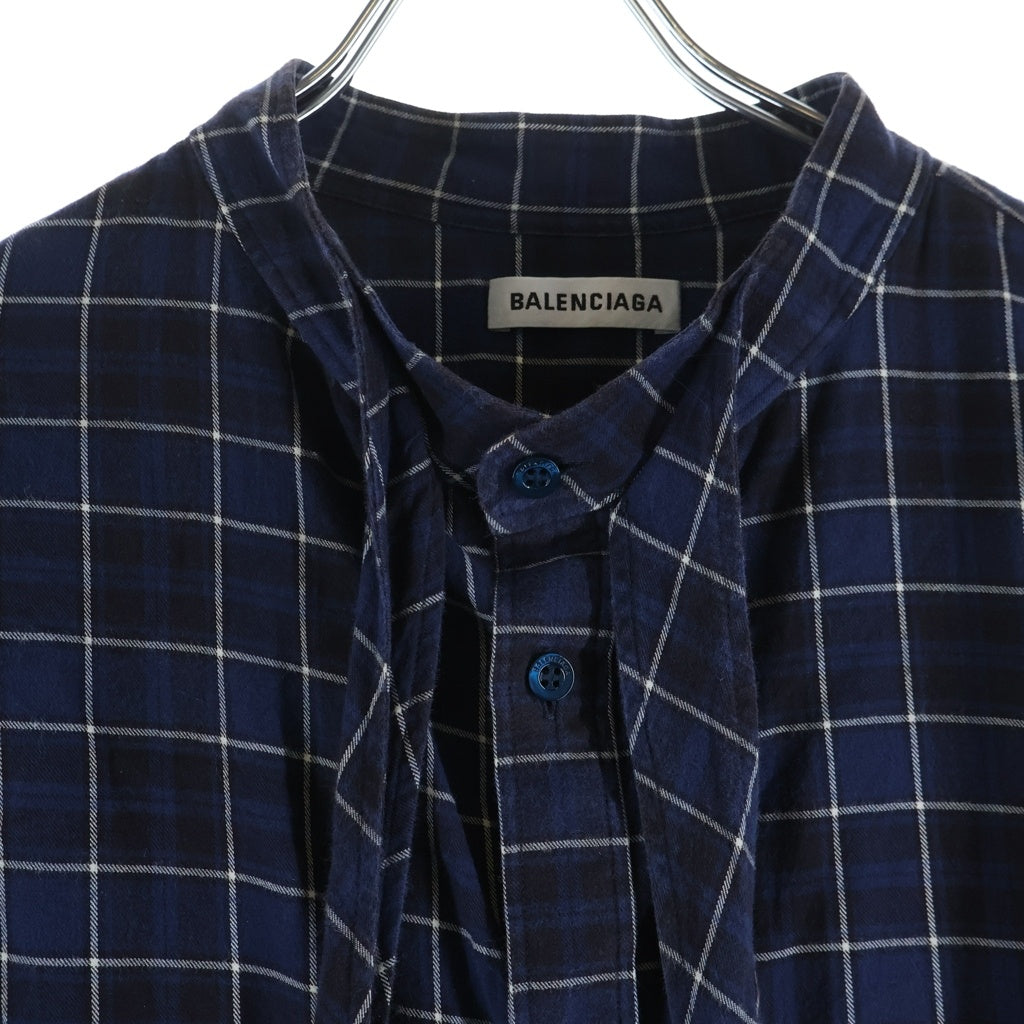 BALENCIAGA(バレンシアガ) 18AW バンドカラー フランネルシャツ コットン長袖シャツ チェック柄 ブルー520497 TBM08