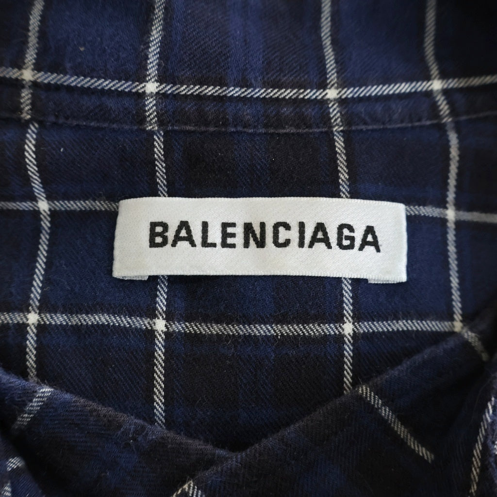 BALENCIAGA(バレンシアガ) 18AW バンドカラー フランネルシャツ コットン長袖シャツ チェック柄 ブルー520497 TBM08