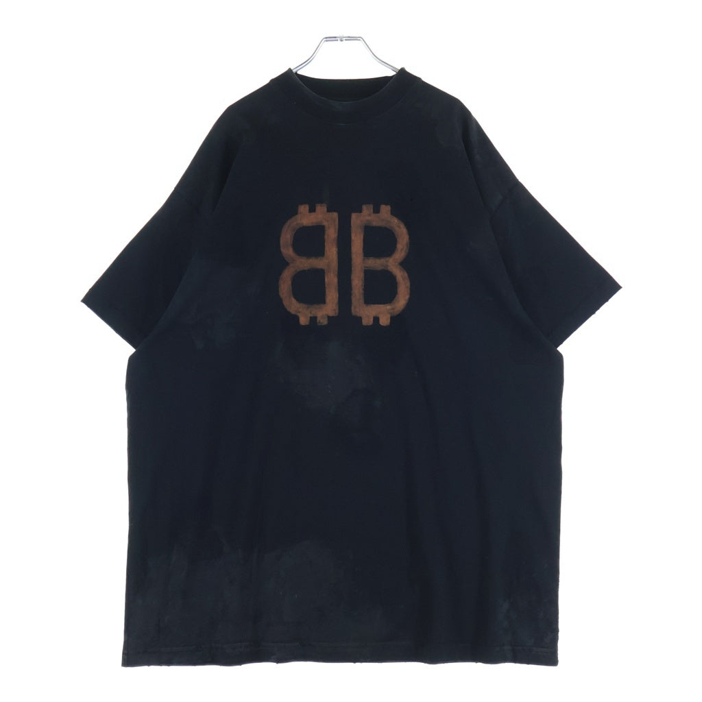 BALENCIAGA(バレンシアガ) 23SS BBロゴ デストロイ加工 クルーネック半袖Tシャツカットソー ブラック 739028 T0VN8