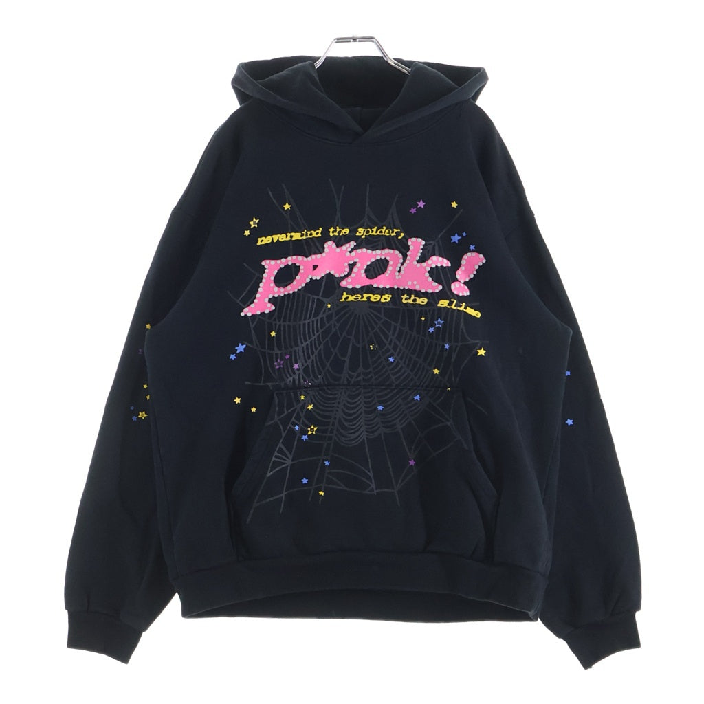 SP5DER(スパイダー) PINK Hoodie フロントロゴプリント プルオーバーパーカー フーディー ブラック/ピンク