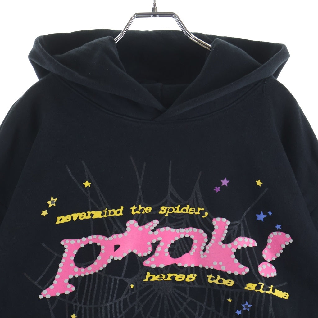 SP5DER(スパイダー) PINK Hoodie フロントロゴプリント プルオーバーパーカー フーディー ブラック/ピンク
