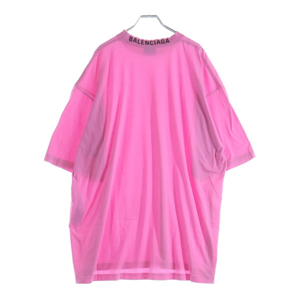 BALENCIAGA(バレンシアガ) 23SS Distressed T-shirt 739784 ダメージ加工 バックネックロゴ刺繍 クルーネック半袖Tシャツカットソー ピンク