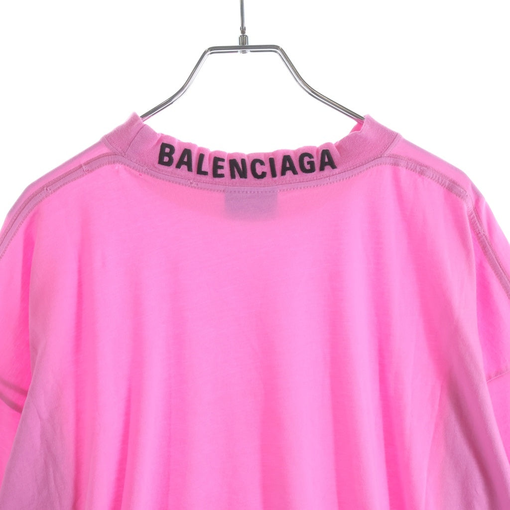 BALENCIAGA(バレンシアガ) 23SS Distressed T-shirt 739784 ダメージ加工 バックネックロゴ刺繍 クルーネック半袖Tシャツカットソー ピンク