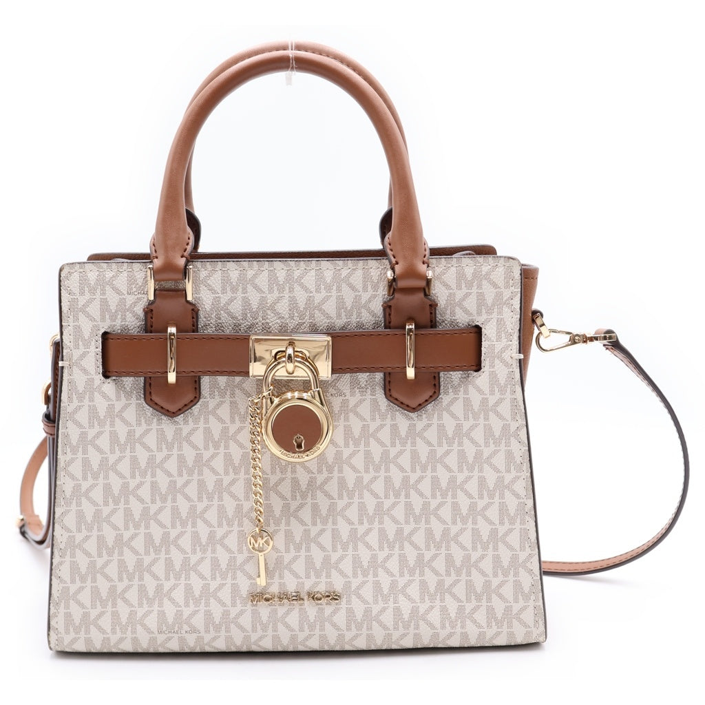 MICHAEL KORS(マイケルコース) Hamilton Small Logo Satchel 35F1GHMS1B ハミルトン MKシグネチャーロゴ PVCハンドトートバッグ 2WAY ショルダーバッグ ホワイト/ブラウン レディース