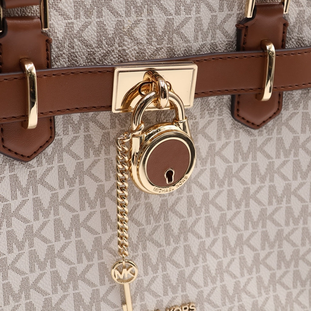 MICHAEL KORS(マイケルコース) Hamilton Small Logo Satchel 35F1GHMS1B ハミルトン MKシグネチャーロゴ PVCハンドトートバッグ 2WAY ショルダーバッグ ホワイト/ブラウン レディース