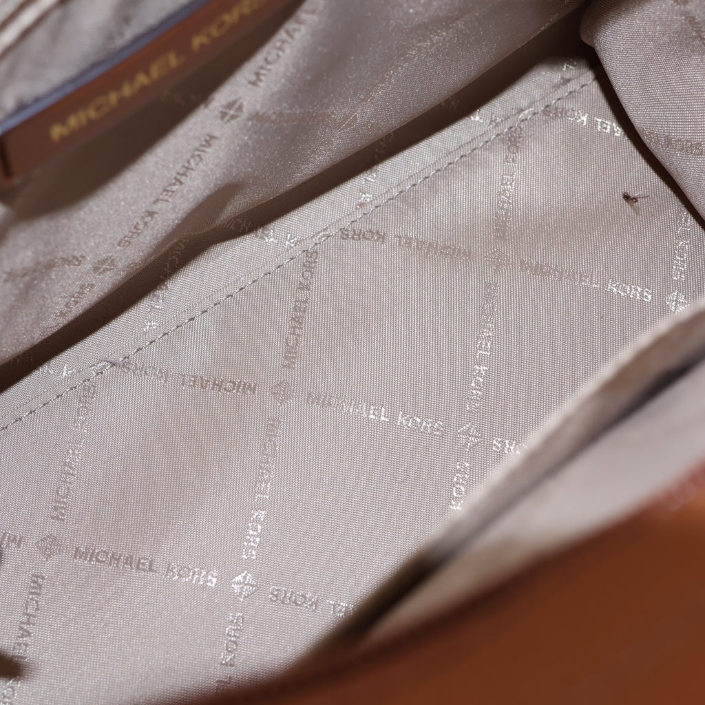 MICHAEL KORS(マイケルコース) Hamilton Small Logo Satchel 35F1GHMS1B ハミルトン MKシグネチャーロゴ PVCハンドトートバッグ 2WAY ショルダーバッグ ホワイト/ブラウン レディース