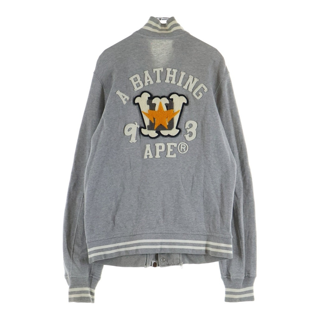A BATHING APE(アベイシングエイプ) LOGO PATCH SWEAT VARSITY JACKET 両面ロゴワッペン刺繍 スウェットヴァーシティジャケット スタジャン グレー