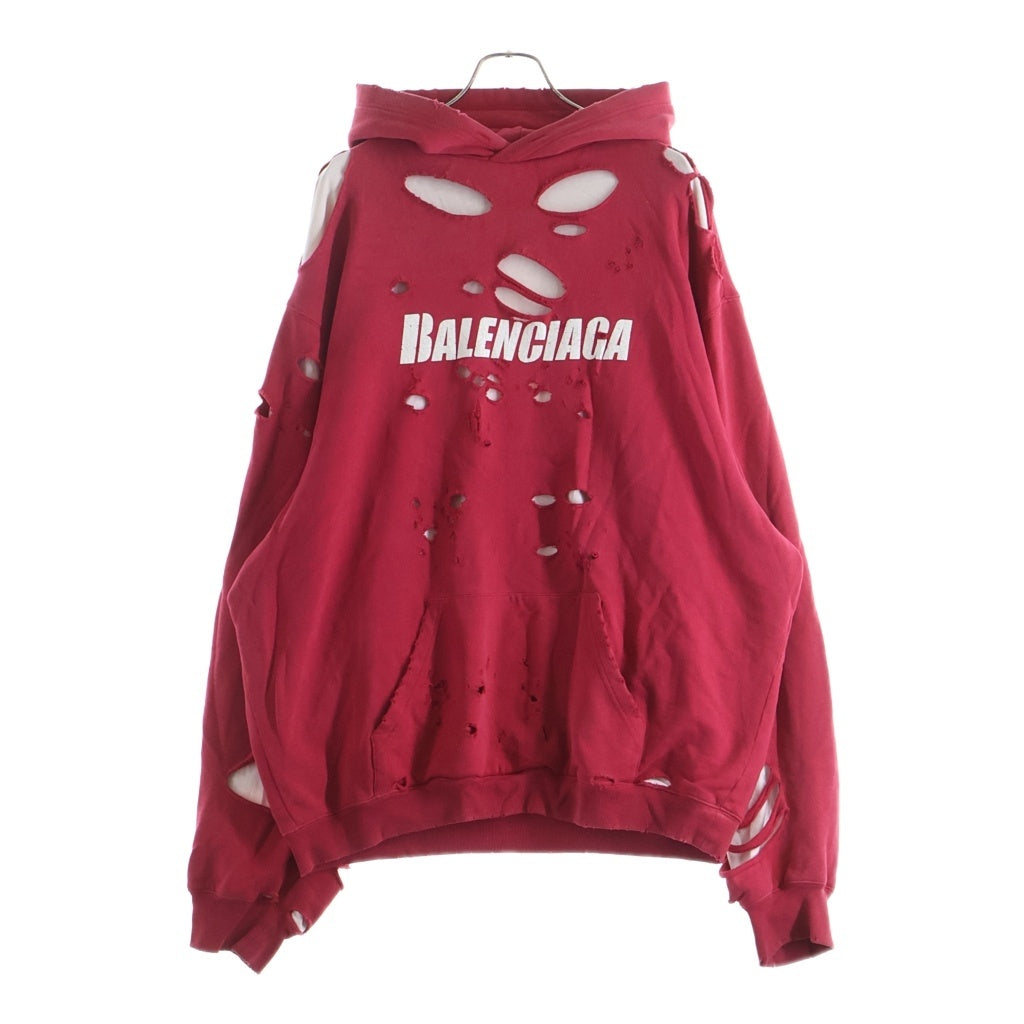 BALENCIAGA(バレンシアガ) 20SS DESTROYED HOODI 659403 デストロイ加工 オーバーサイズ フロントロゴプリント プルオーバー長袖パーカー フーディー レッド