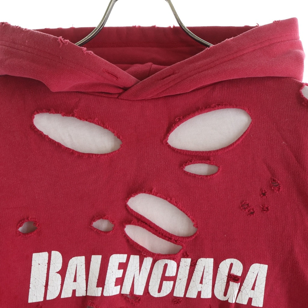 BALENCIAGA(バレンシアガ) 20SS DESTROYED HOODI 659403 デストロイ加工 オーバーサイズ フロントロゴプリント プルオーバー長袖パーカー フーディー レッド