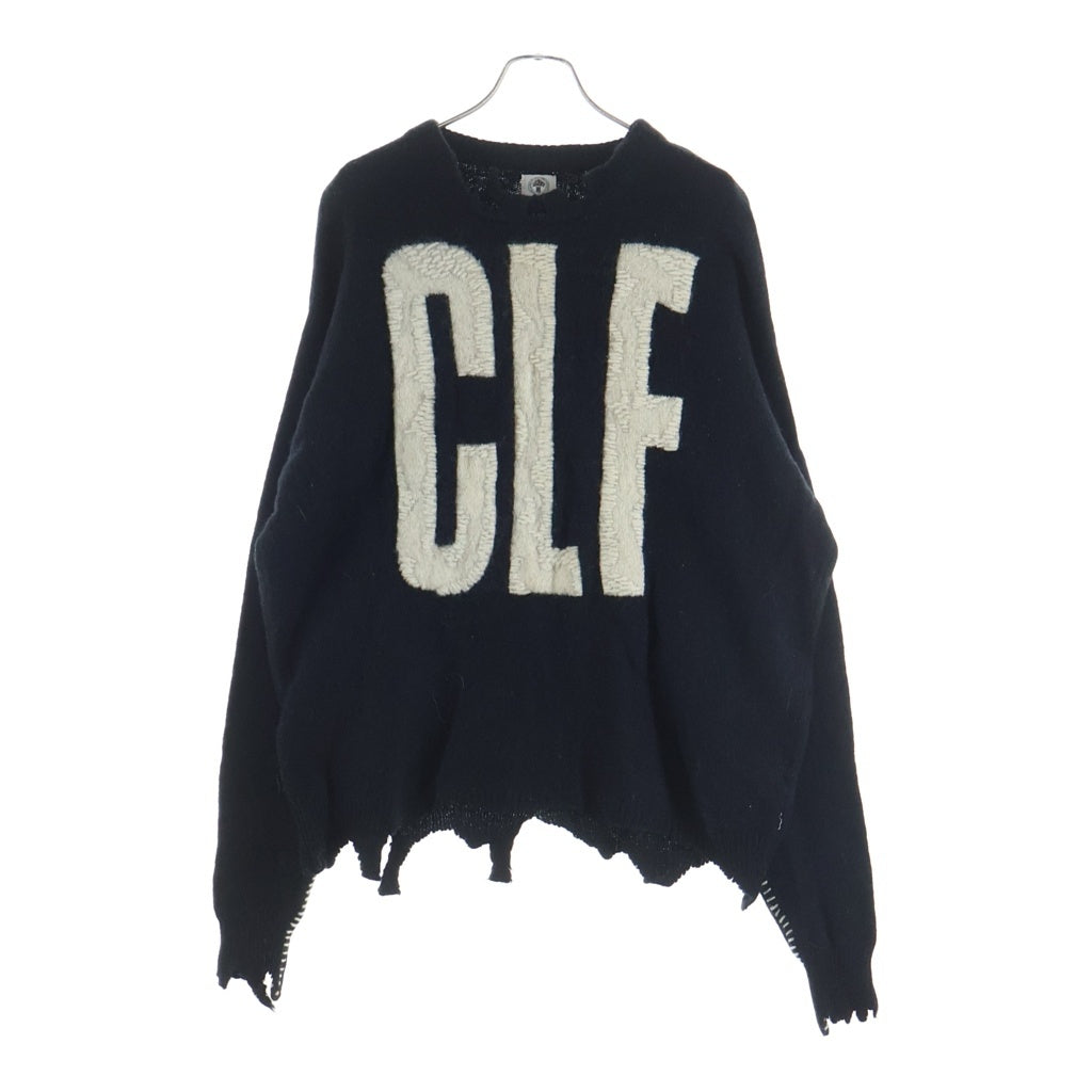 SAINT MICHAEL(セントマイケル) 22AW CLF MEN KNIT シーエルエフ メン フロントデザイン ダメージ加工 クルーネック長袖ニットセーター ブラック SM-A22-0000-033
