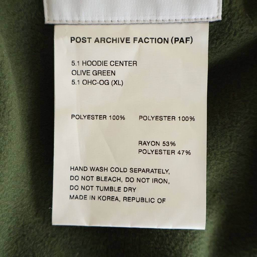 POST ARCHIVE FACTION(ポストアーカイブファクション) 5.1 HOODIE CENTER 5.1 OHC-OG ジップアップフリースフーディジャケット オリーヴ