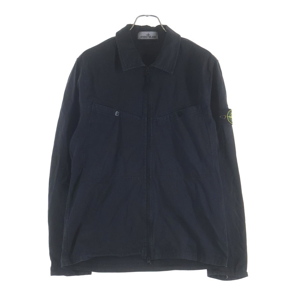 STONE ISLAND(ストーンアイランド) Brushed Cotton Zip Overshirt ロゴワッペン刺繍 ブラッシュド コットン ダブルジップ オーバーシャツ ジャケット ブラック 801510104