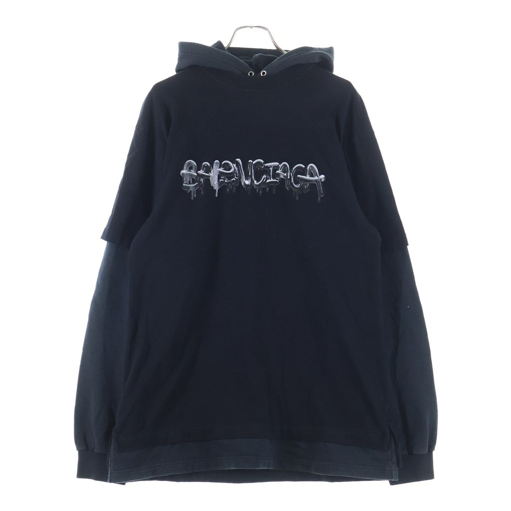 BALENCIAGA(バレンシアガ) 21SS フロントグラフィックロゴ オーバーサイズ レイヤードプルオーバーパーカー フーディ ブラック 681029