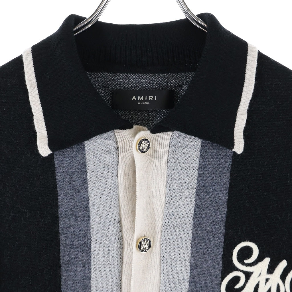 AMIRI(アミリ) MA Swirl Retro Polo Shirt フロントロゴ刺繍 半袖ニットポロシャツ ブラック/グレー AMKNIR1004