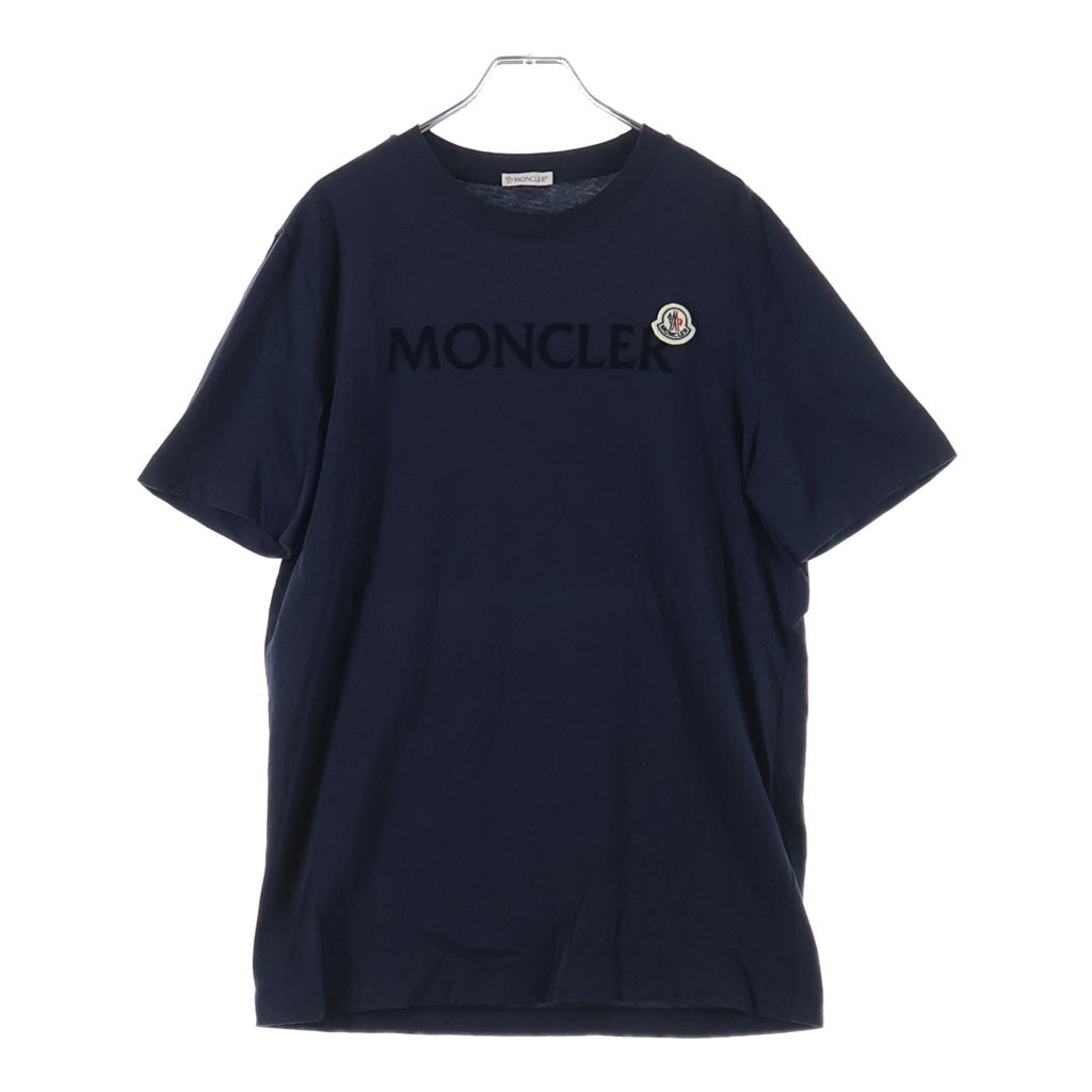 MONCLER(モンクレール) フロッキーロゴ刺繍 フロントロゴプリントクルーネック半袖Tシャツカットソーブラック I20918C00047-8390T