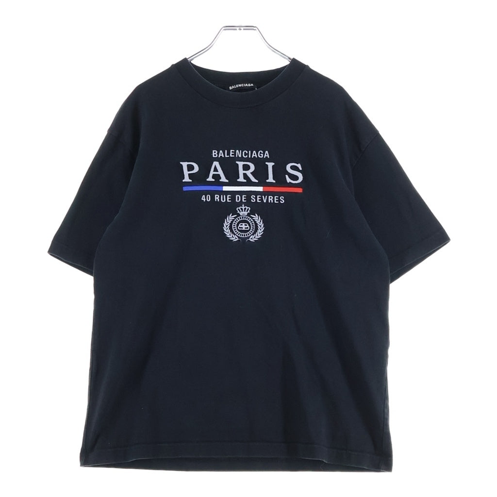BALENCIAGA(バレンシアガ) 20SS PARIS FLAG REGULAR T-SHIRT 594579 TGV48 パリス フラッグ ロゴ刺繍 クルーネック半袖Tシャツカットソー ブラック