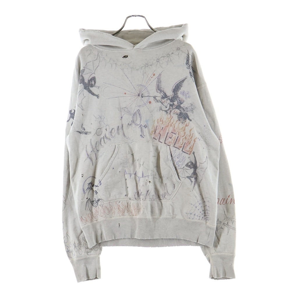 SAINT MICHAEL(セントマイケル) 21AW ×Dr.Woo HOODIE ドクターウー フーディ ペイントデザイン ヴィンテージ加工 プルオーバースウェットパーカー ベージュ SM-A21-0000-056