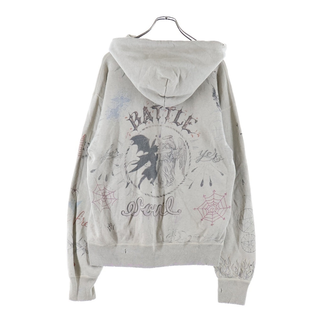 SAINT MICHAEL(セントマイケル) 21AW ×Dr.Woo HOODIE ドクターウー フーディ ペイントデザイン ヴィンテージ加工 プルオーバースウェットパーカー ベージュ SM-A21-0000-056