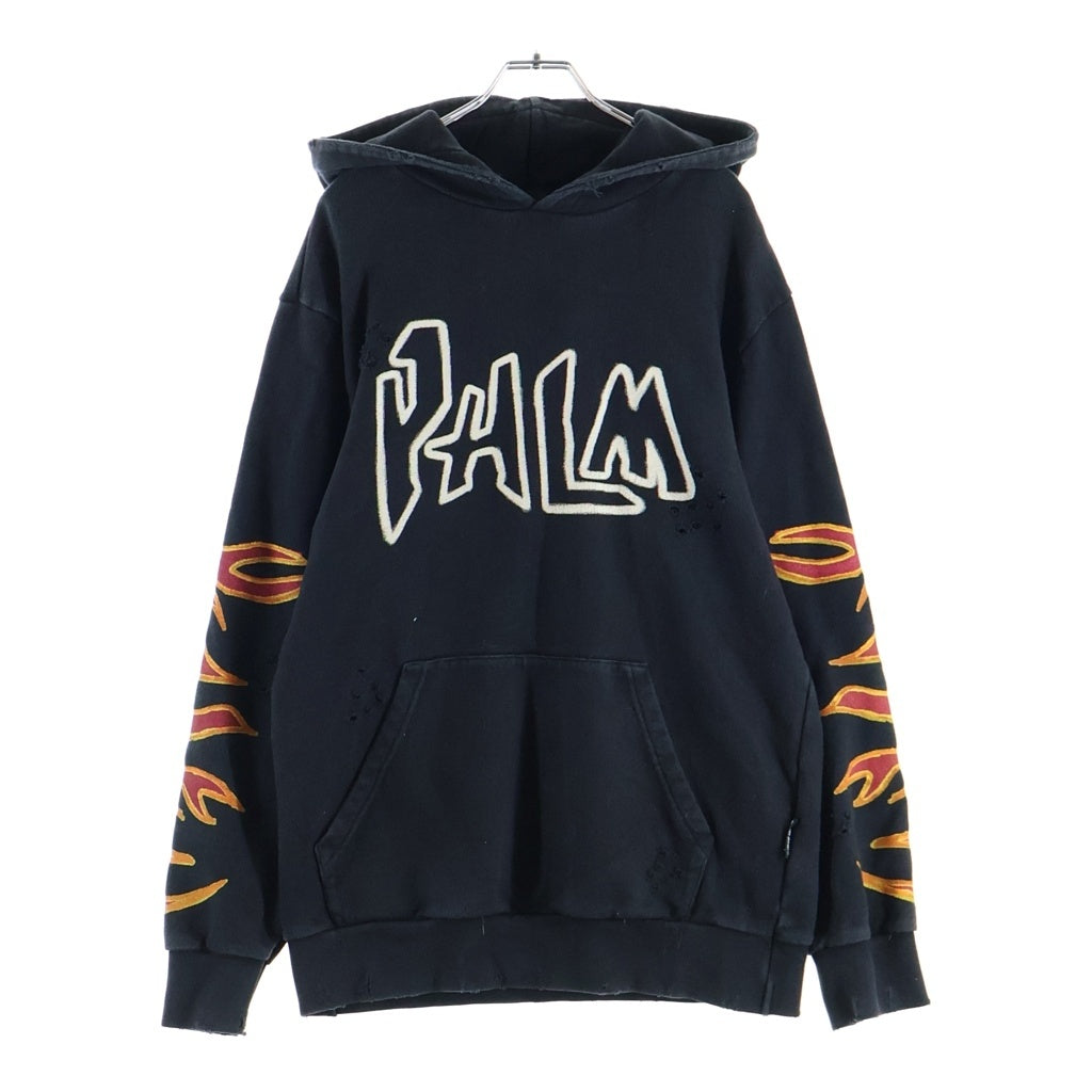 Palm Angels(パームエンジェルス) グラフィティフレイムパターン 両面プリント アームプリント ダメージ加工 プルオーバーパーカー スウェットフーディ ブラック PMBB117F22FLE002