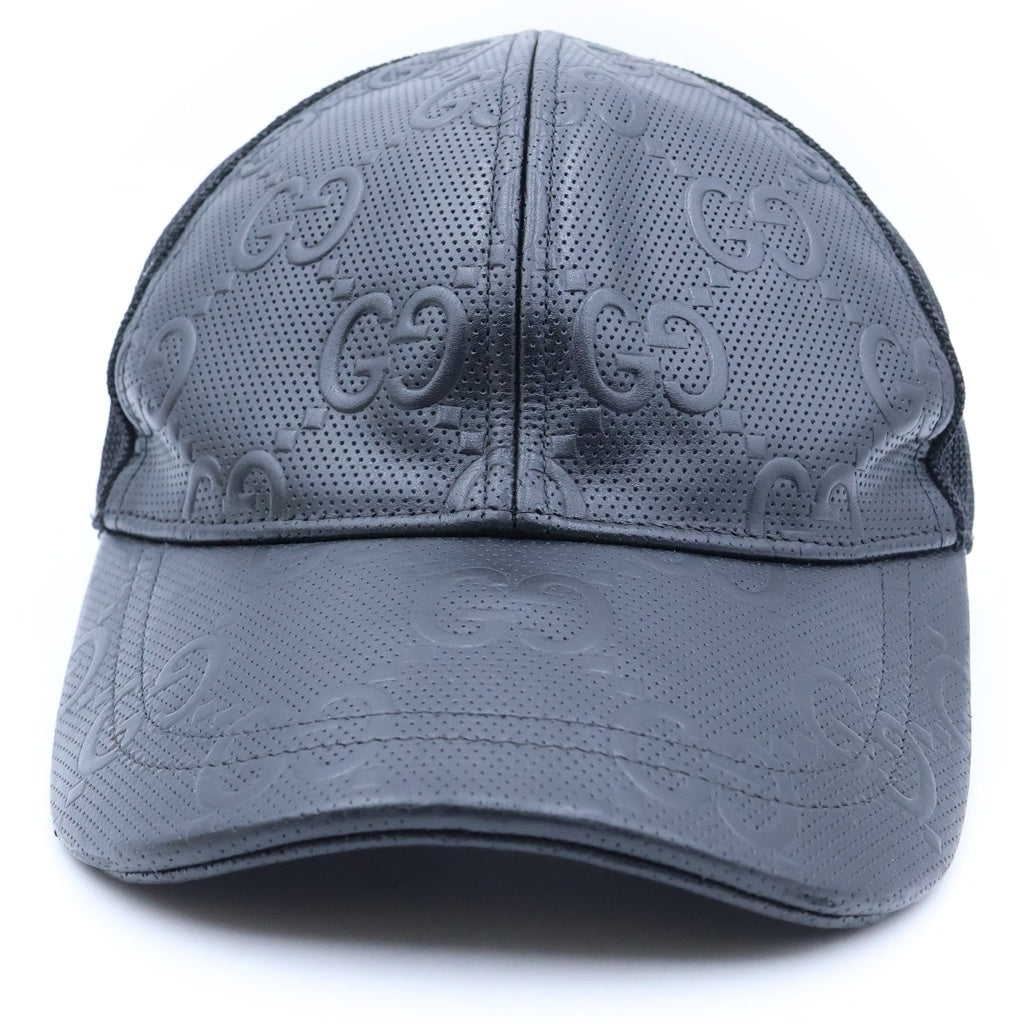 GUCCI(グッチ) GGエンボス 総柄 メッシュ レザー トラッカーキャップ ベースボールキャップ 帽子 ブラック 627156 4HL03