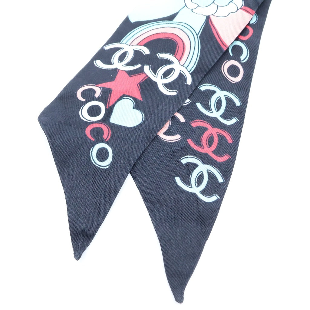 CHANEL(シャネル) camellia scarf カメリア ココマーク スター 星 総柄 スカーフ ツイリー ブラック レディース