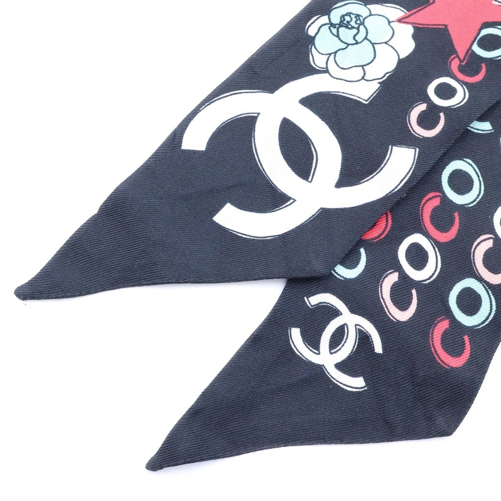 CHANEL(シャネル) camellia scarf カメリア ココマーク スター 星 総柄 スカーフ ツイリー ブラック レディース