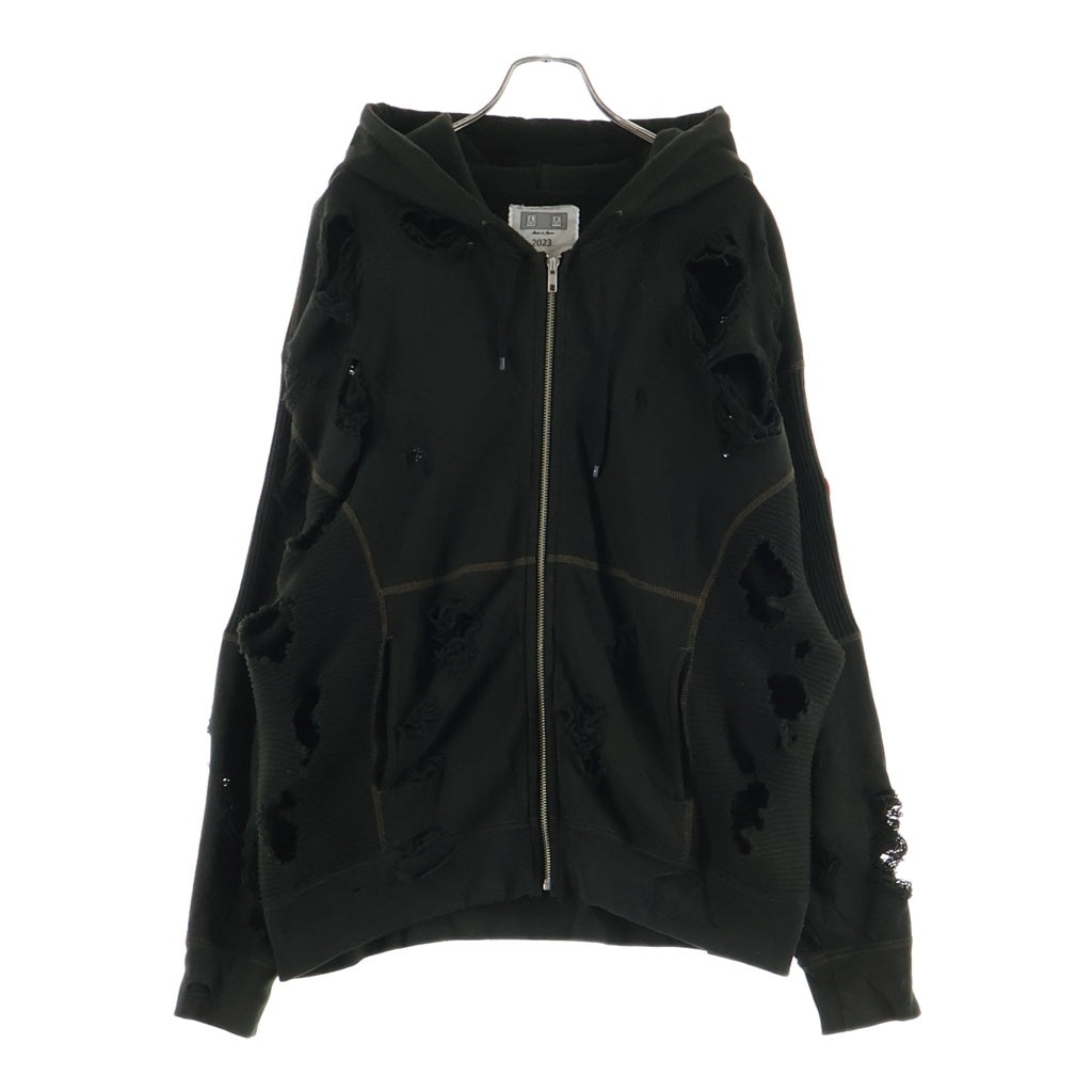 C.E(シーイー) PLAGUE WIDE RIB CUT ZIP HOODY プレグワイド リブ カット ダメージ加工 コットンジップアップフーディー パーカー カーキ CES23CS16