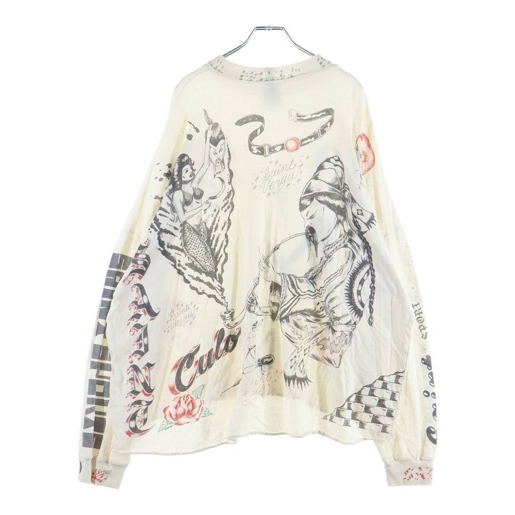 SAINT MICHAEL(セントマイケル) 25AW ×Alexis Ross ALX_LS TEE DRAWING WHITE ユーズド加工 フルプリント クルーネック長袖Tシャツカットソー ホワイト SM-HR1-0000-C30