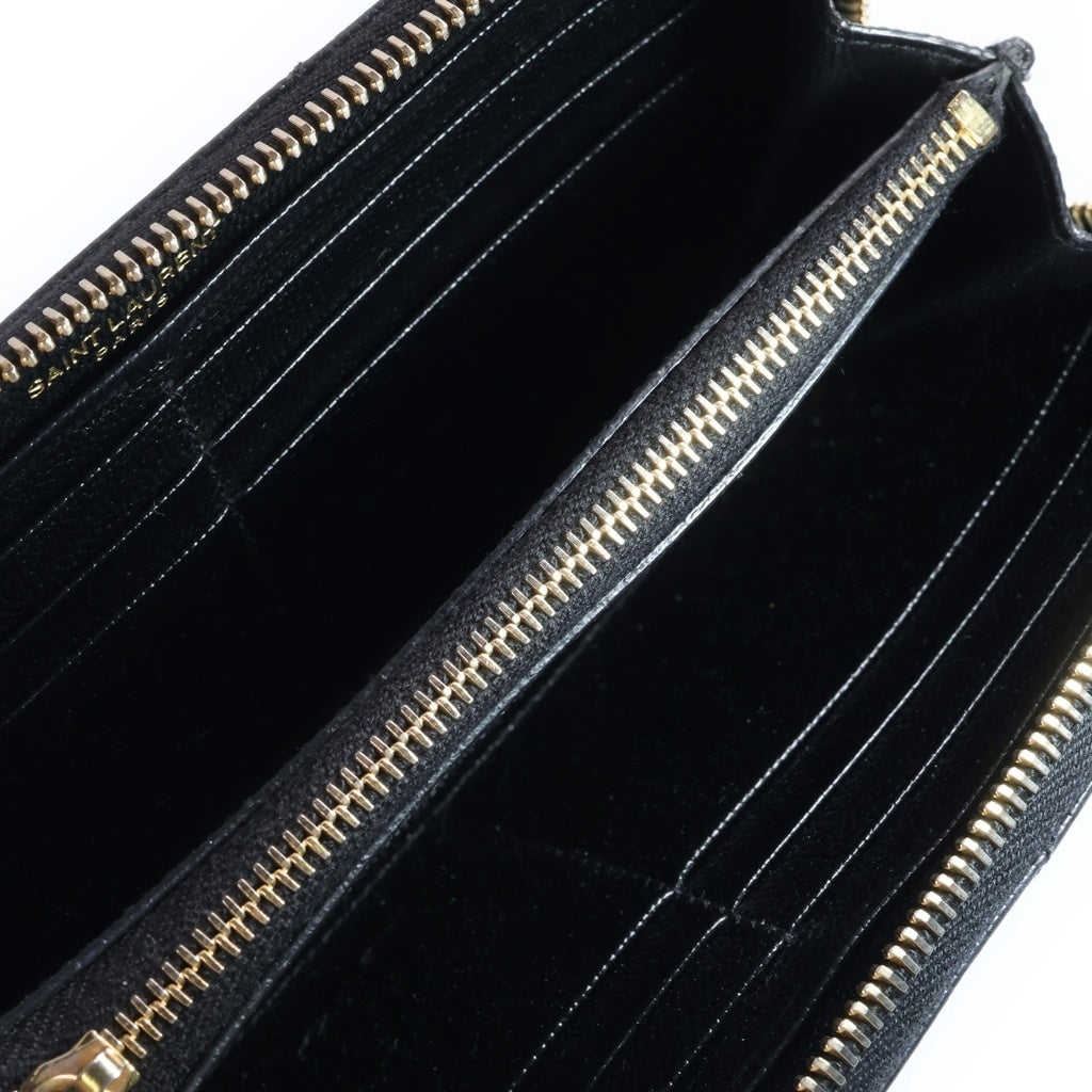SAINT LAURENT PARIS(サンローランパリ) Vステッチ ロゴ金具 ラウンドジップ レザー長財布 ブラック 358094 レディース