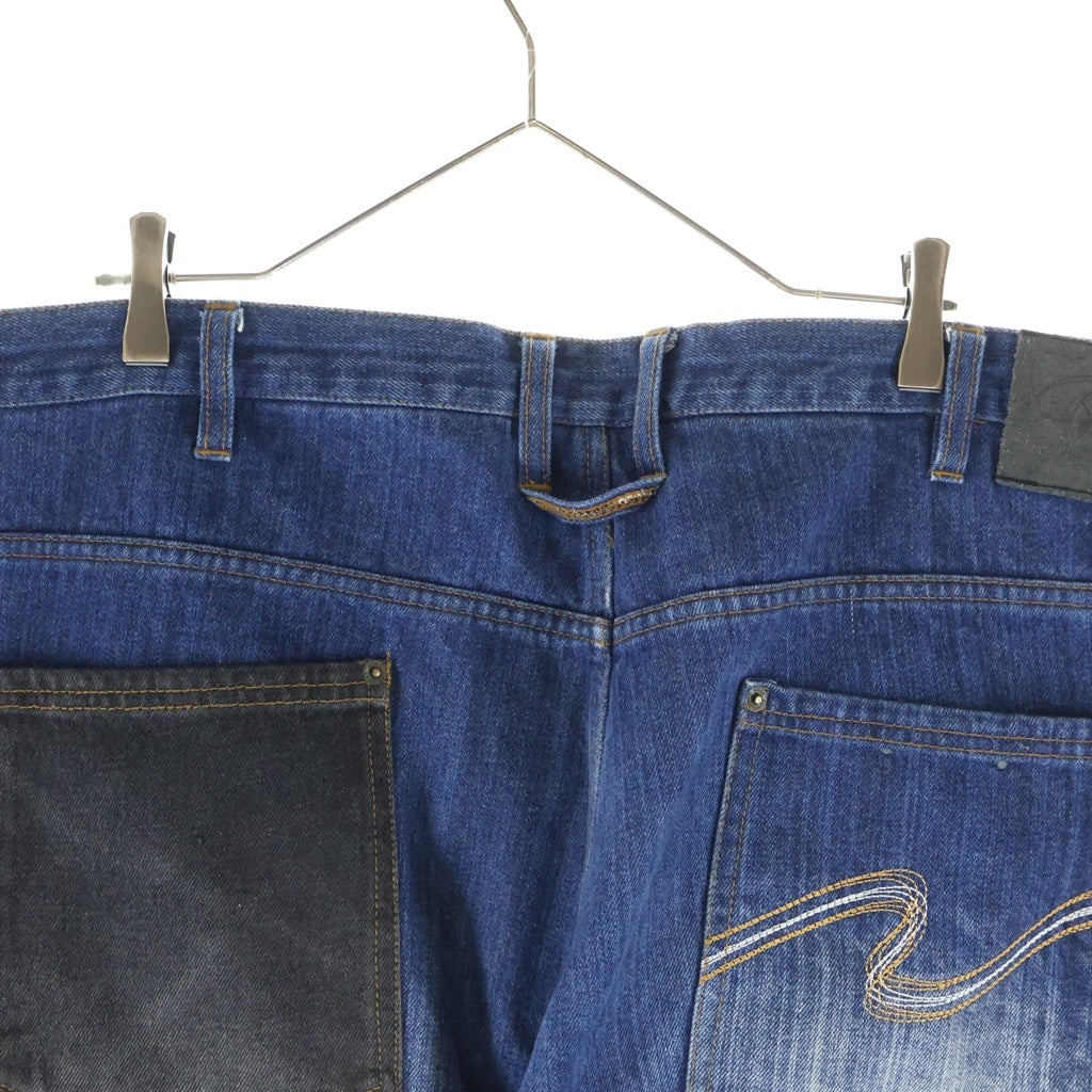 NO BRAND(ノーブランド) UNK DENIM 【UNK デニム】 パッチワーク NBAロゴワッペン ワイドデニムパンツ ジーンズ インディゴ/ブラック