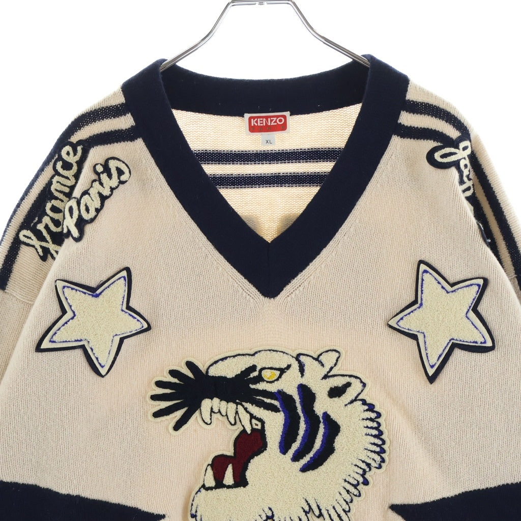 KENZO(ケンゾー) Patch applique V-neck sweater FC65OU3293BB アップリケ プルオーバー タイガーモチーフ Vネックセーター アイボリー