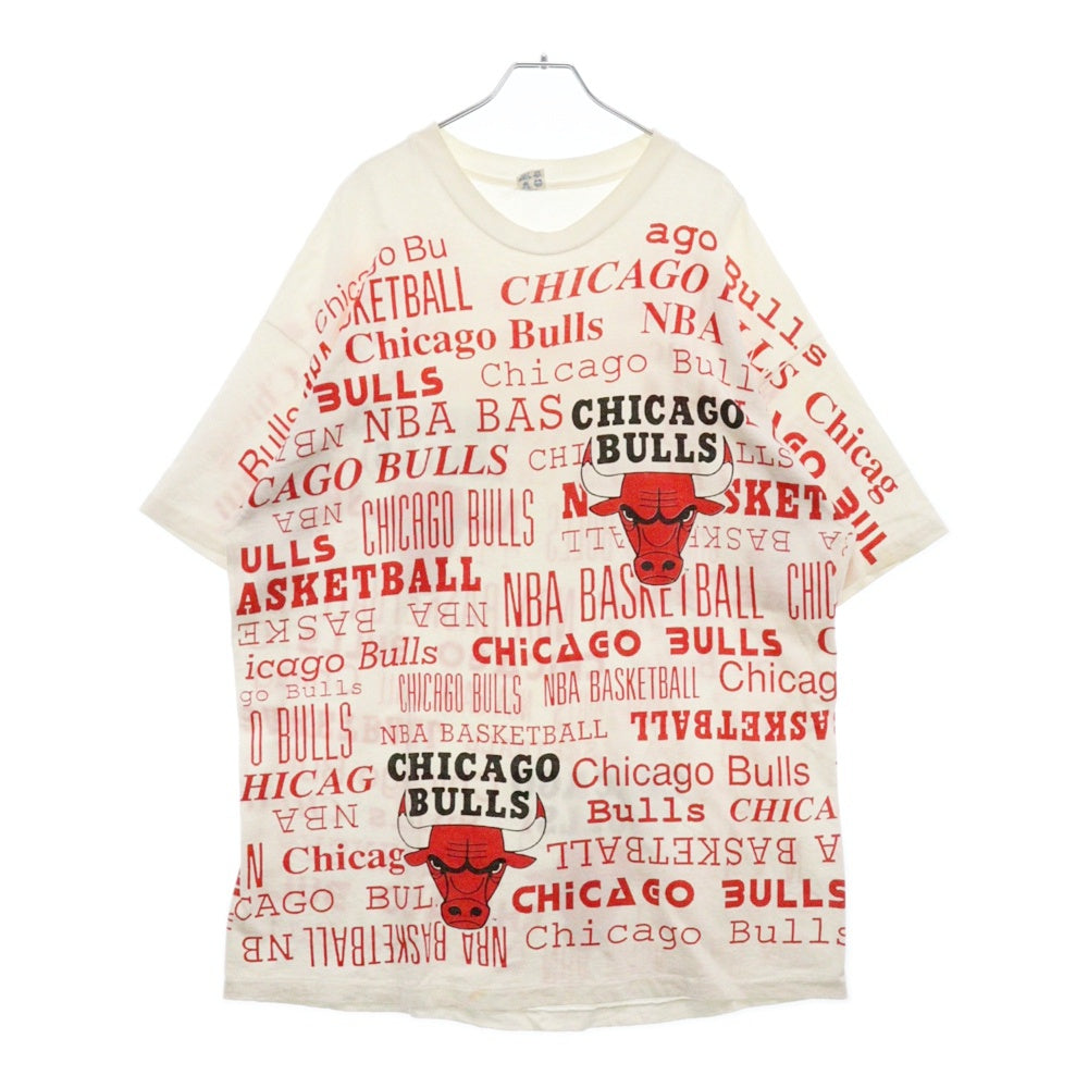 VINTAGE(ヴィンテージ) 80s Chicago Bulls Championタグ 総柄プリント クルーネック 半袖Tシャツ ホワイト