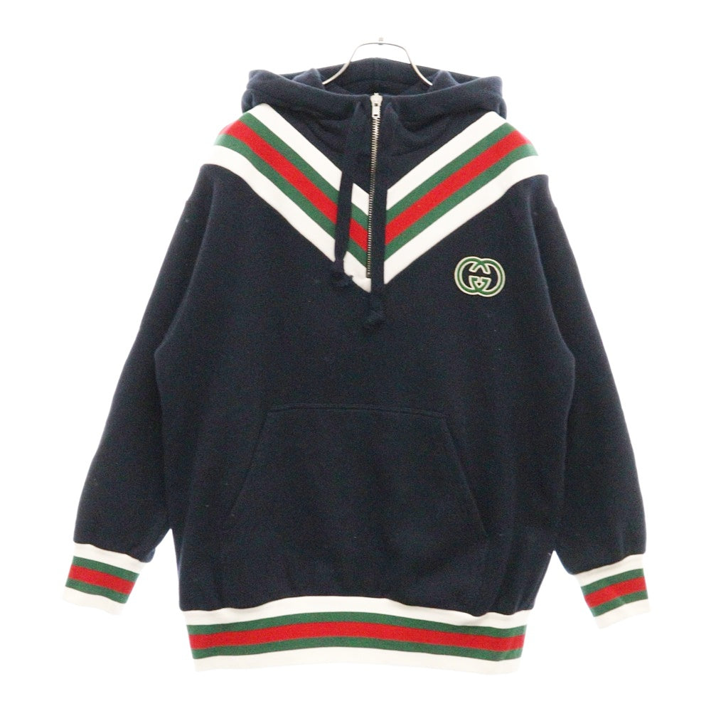 GUCCI(グッチ) 23AW フロント GGロゴ刺繍 ハーフジップ コットン パーカー ネイビー 717410 XJEVX